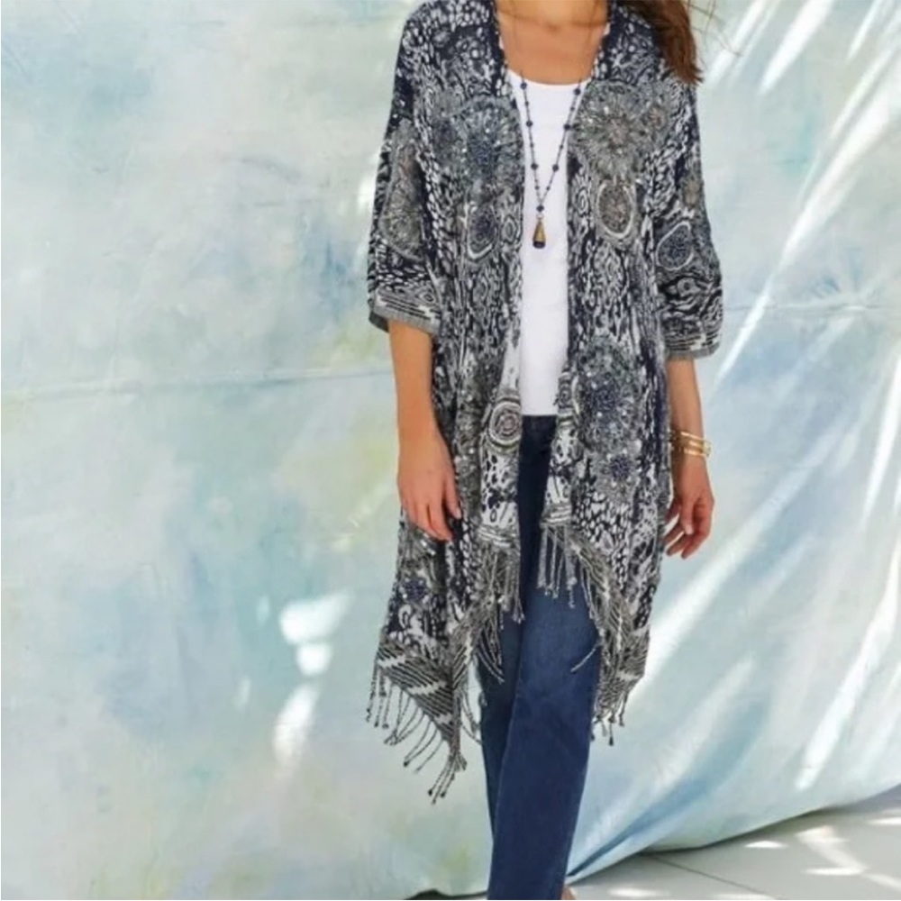 Soft Surroundings wool blend sequin embroidered beaded kimono cardigan S/M